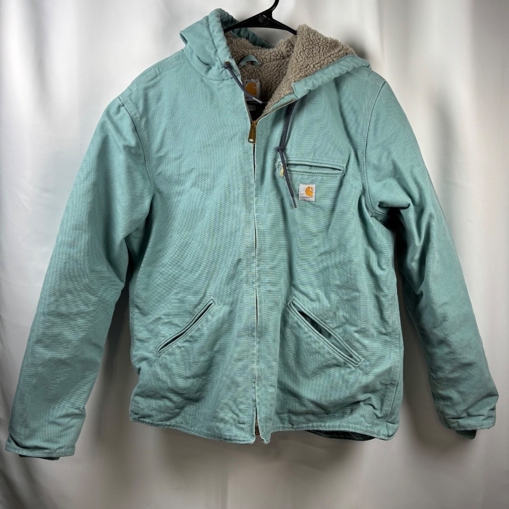 Carhartt Women's WJ141 Sandstone Sierra Sherpa Hooded Jacket Large Aqus